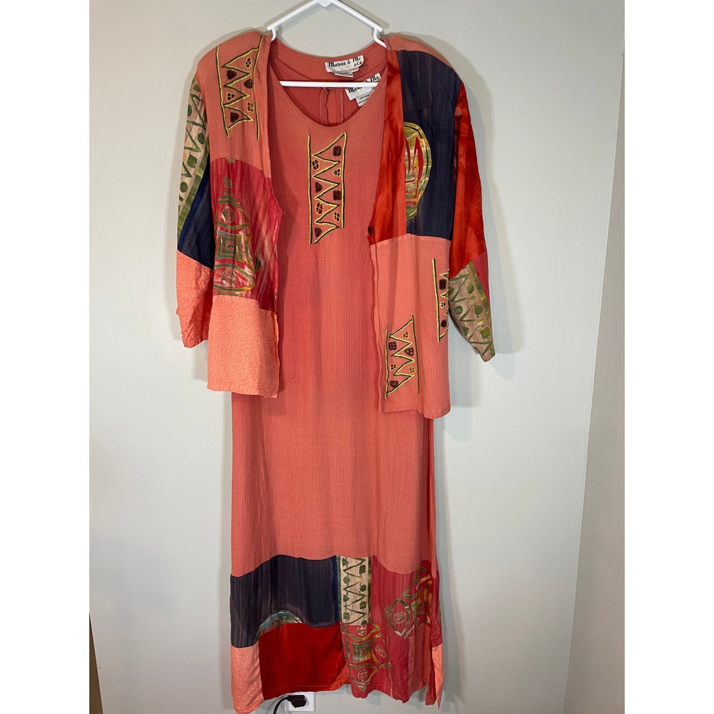 VTG Marcia & Me Boho Patchwork 2-Piece Maxi Dress & Jacket Set Coral S Artsy